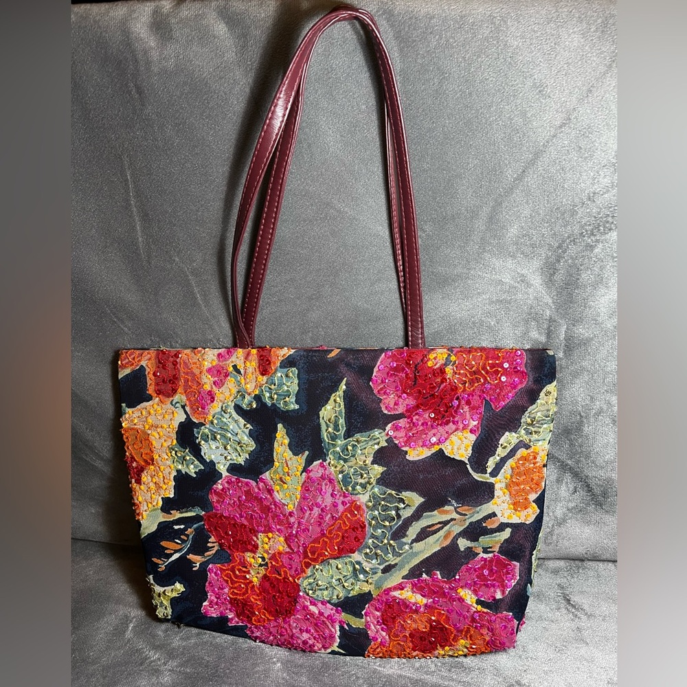 CHRISTIANA FULLY BEADED FLORAL MEDIUM BAG - Pinks, Green, Orange, Black